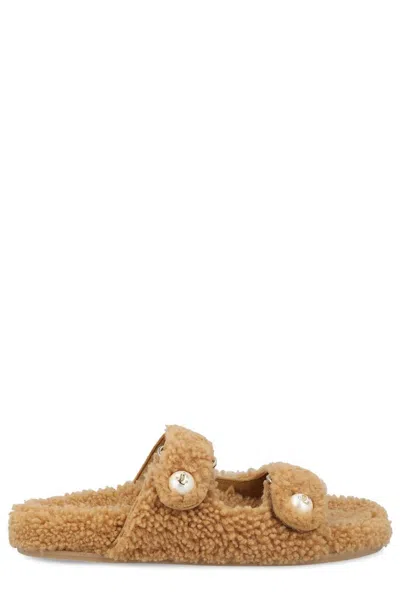 Jimmy Choo Shearling Strap Sandals In Brown