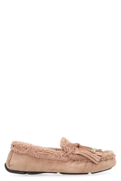 Jimmy Choo Shearling-lined Suede Moccasin In Beige
