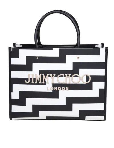 Jimmy Choo Shopping Bag In Cotton Canvas And Leather In Black/white