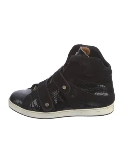Pre-owned Jimmy Choo Signature Logo Suede Wedge Sneakers In Black
