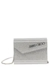 JIMMY CHOO SILVER COMPACT CLUTCH BAG WITH CHAIN AND LOGO DETAIL IN GLITTER ACRYLIC WOMAN