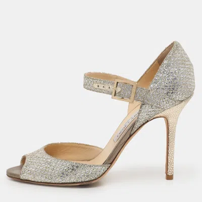 Pre-owned Jimmy Choo Silver Glitter And Lame Fabric Ankle Strap Sandals Size 38