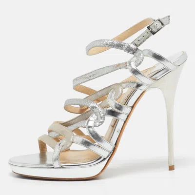 Pre-owned Jimmy Choo Silver Glitter And Leather Lance Ankle Strap Sandals Size 38