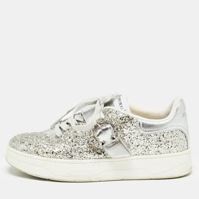 Pre-owned Jimmy Choo Silver Glitter And Leather Osaka Sneakers Size 38.5