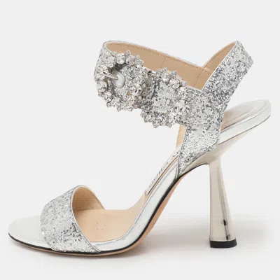 Pre-owned Jimmy Choo Silver Glitter Ankle Strap Sandals Size 35