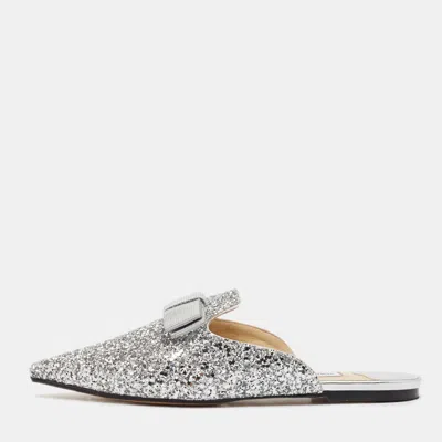 Pre-owned Jimmy Choo Silver Glitter Bow Flat Mules Size 38.5