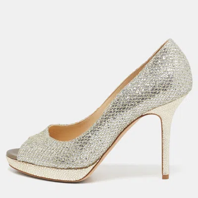 Pre-owned Jimmy Choo Silver Glitter Dahlia Peep Toe Pumps Size 38