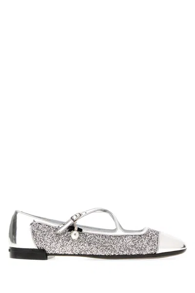 Jimmy Choo Silver Leather And Fabric Eleri Ballerinas