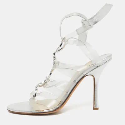 Pre-owned Jimmy Choo Silver Leather And Pvc Strappy Tie Up Sandals Size 39