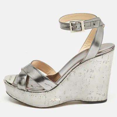 Jimmy Choo Silver Leather Crisscross Strap Wedge Sandals