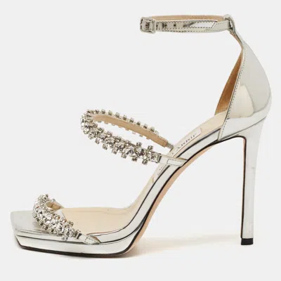 Pre-owned Jimmy Choo Silver Leather Crystal Embellished Ankle Strap Sandals Size 38