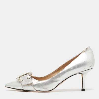 Pre-owned Jimmy Choo Silver Leather Crystal Embellished Pointed Toe Pumps Size 37
