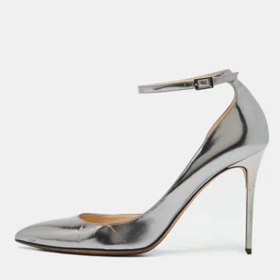 Pre-owned Jimmy Choo Silver Leather Lucy Ankle Strap Pointed Toe D'orsay Pumps Size 38.5