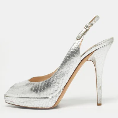 Pre-owned Jimmy Choo Silver Python Embossed Leather Nova Peep Toe Pumps Size 38