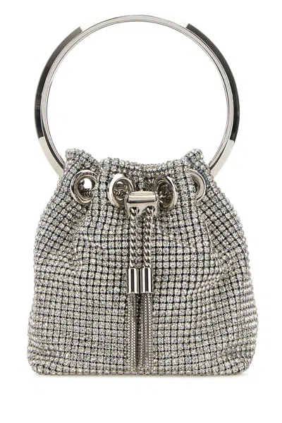 Jimmy Choo Silver Rhinestone Mesh Micro Bon Bon Bucket Bag