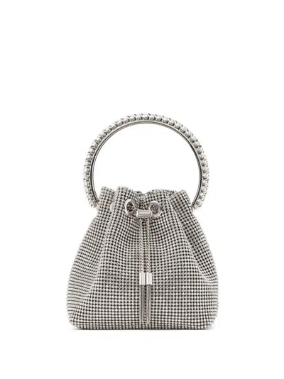 JIMMY CHOO SILVER SATIN BAG WITH CRYSTAL MESH AND HANDLE