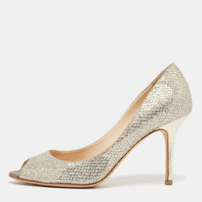 Pre-owned Jimmy Choo Silver/gold Glitter Evelyn Peep Toe Pumps Size 38.5