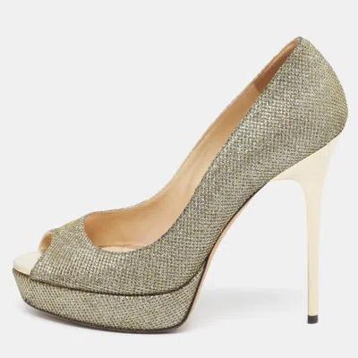Pre-owned Jimmy Choo Silver/gold Lurex Fabric Dahlia Peep Toe Pumps Size 38