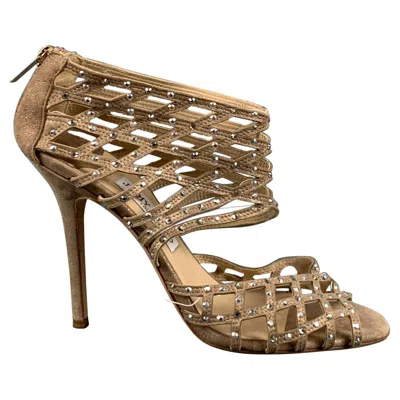 Pre-owned Jimmy Choo Size 10 Beige Gold Suede Rhinestones Ankle Sandals In Brown