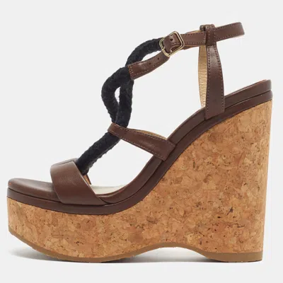 Pre-owned Jimmy Choo Size 34 Brown Leather Cork Wedge Ankle Strap Sandals