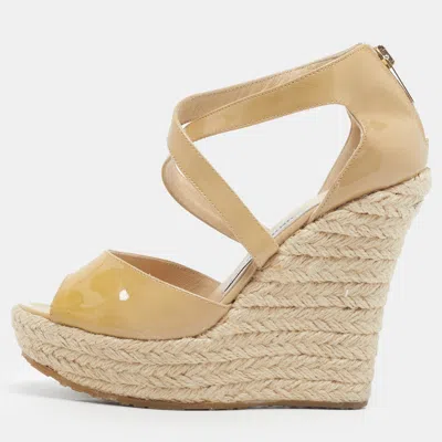 Pre-owned Jimmy Choo Size 35 Beige Patent Leather Wedge Sandals