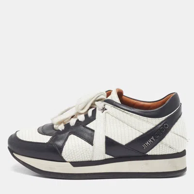 Pre-owned Jimmy Choo Size 35 White/black Leather And Lizard Embossed Leather Lace Up Sneakers