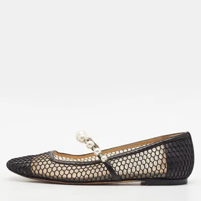 Pre-owned Jimmy Choo Size 36 Black Leather And Mesh Pearl Embellished Ballet Flats