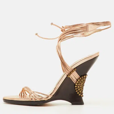 Pre-owned Jimmy Choo Size 36 Metallic Leather Ankle Wrap Wedge Sandals In Silver