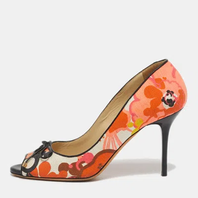 Pre-owned Jimmy Choo Size 36 Multicolor Floral Print Canvas Bow Peep Toe Pumps