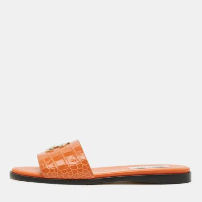 Pre-owned Jimmy Choo Size 37 Orange Croc Embossed Leather Flat Slides