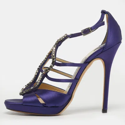Pre-owned Jimmy Choo Size 37 Purple Satin Crystal Embellished Ankle Strap Sandals