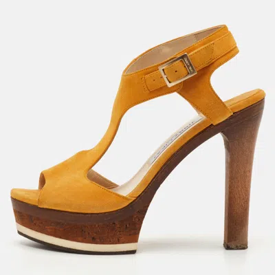 Pre-owned Jimmy Choo Size 37 Yellow Suede T-strap Platform Sandals