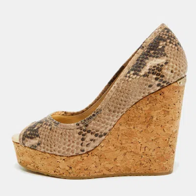 Pre-owned Jimmy Choo Size 37.5 Beige Python Embossed Leather Wedge Pumps
