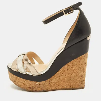 Pre-owned Jimmy Choo Size 37.5 Metallic/black Leather Cork Platform Wedge Ankle Strap Sandals In Silver