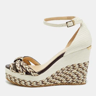 Pre-owned Jimmy Choo Size 37.5 White/brown Lizard Embossed Leather Raffia Wedge Sandals