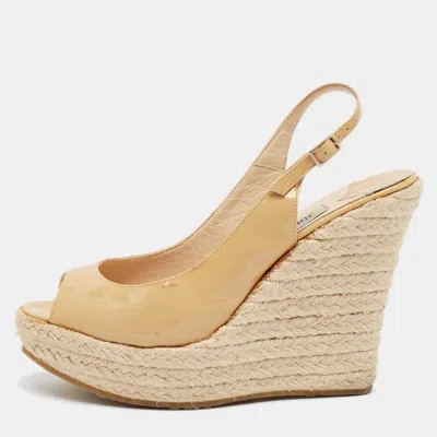Pre-owned Jimmy Choo Size 38 Beige Patent Leather Espadrille Wedge Slingback Sandals