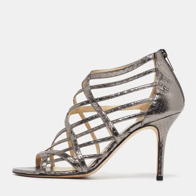 Pre-owned Jimmy Choo Size 38 Metallic Snakeskin Embossed Leather Cage Sandals In Silver