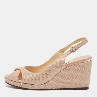 Pre-owned Jimmy Choo Size 38.5 Beige Metallic Embossed Suede Wedge Slingback Sandals