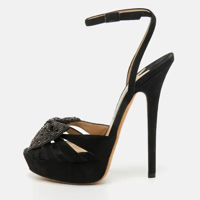 Pre-owned Jimmy Choo Size 38.5 Black Suede Bow Crystal Embellished Ankle Strap Platform Sandals