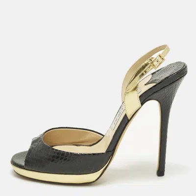 Pre-owned Jimmy Choo Size 38.5 Black/gold Python And Leather Platform Slingback Sandals In Blue