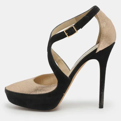 Pre-owned Jimmy Choo Size 38.5 Gold Glitter And Suede Platform Ankle Strap Pumps