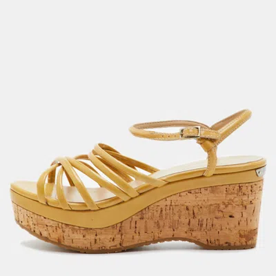Pre-owned Jimmy Choo Size 39 Beige Patent Leather Strappy Cork Wedge Platform Sandals