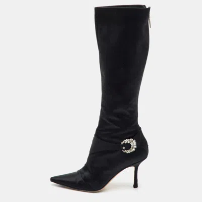 Pre-owned Jimmy Choo Size 39 Black Satin Crystal Embellished Knee Length Boots