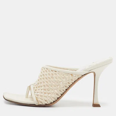 Pre-owned Jimmy Choo Size 39 Cream Fabric And Leather Slide Sandals In White
