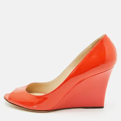Pre-owned Jimmy Choo Size 39 Orange Patent Leather Wedge Pumps