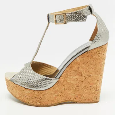 Pre-owned Jimmy Choo Size 39 Silver Leather Cork Wedge Sandals
