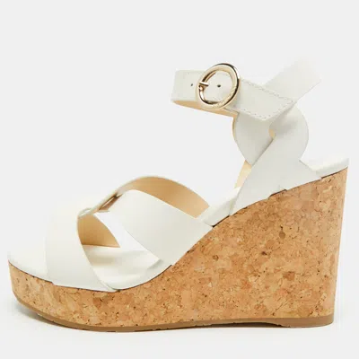 Pre-owned Jimmy Choo Size 39 White Leather Wedge Cork Platform Sandals