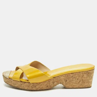 Pre-owned Jimmy Choo Size 39.5 Mustard Yellow Patent Leather Pandora Cork Wedges