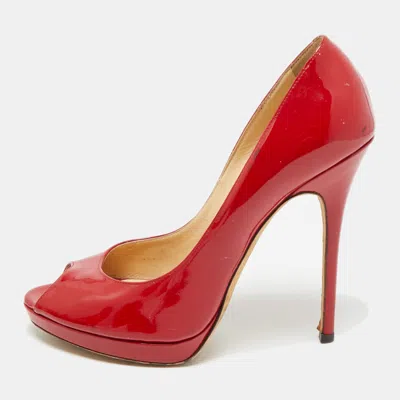 Pre-owned Jimmy Choo Size 39.5 Red Patent Leather Peep Toe Pumps
