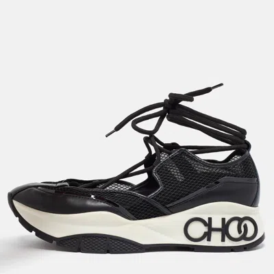 Pre-owned Jimmy Choo Size 40 Black Leather Mesh And Patent Leather Lace Up Sneakers